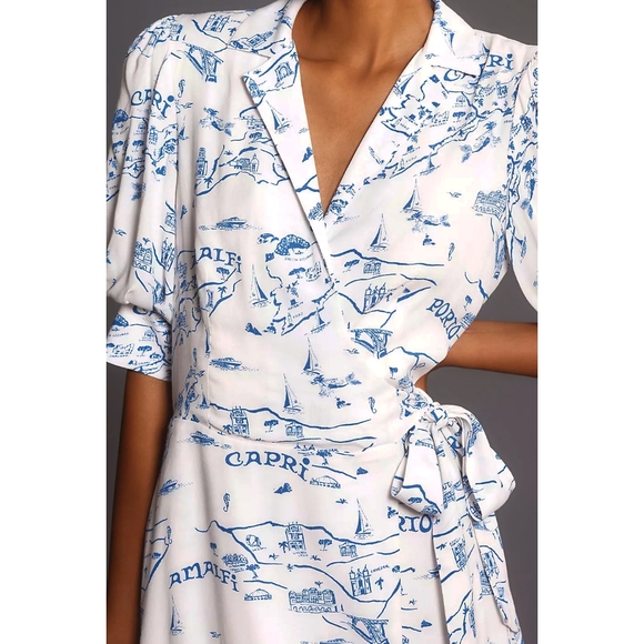 ANTHROPOLOGIE, Maeve Capri Short-Sleeve Collared Printed Wrap Mini Dress - Picture 2 of 2